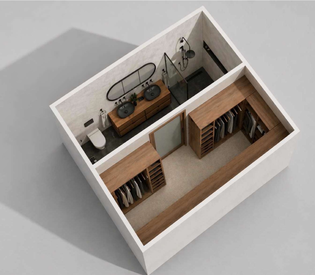 Photorealistic 3D render of the designed bathroom